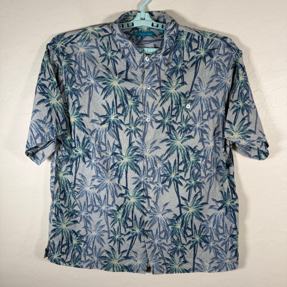 Tori Richard Shirt Mens 2XL Blue Palm Tree Aloha Hawaiian Silk Blend Camp Beach